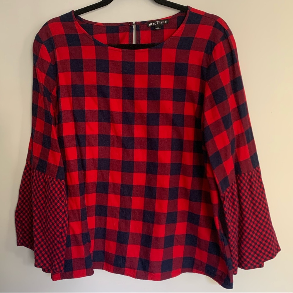J.Crew Mercantile Flared Sleeve Multi-Plaid Shirt